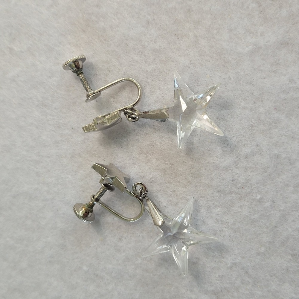 Clear Star Crystal Screw Back Earrings Silver Tone Vintage Celestial Dangle